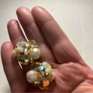 Vintage clip on earrings with gold cream, color, pearls beets